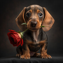 Dachshund With Red Rose In Mouth Sitting On Plain Background. Generative AI.
