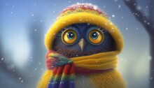 A Bird Wearing A Yellow Hat And Scarf With A Rainbow Scarf Around It's Neck And A Yellow Scarf Around Its Neck, With A Blue Sky And White Background.  Generative Ai
