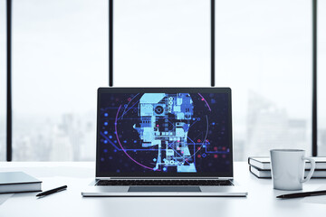 Leinwandbilder - Modern computer monitor with creative artificial Intelligence symbol. Neural networks and machine learning concept. 3D Rendering
