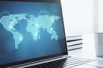 Aufkleber - Abstract creative world map with connections on modern laptop screen, international trading concept. 3D Rendering