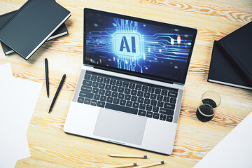 Aufkleber - Modern computer monitor with creative artificial Intelligence icon. Neural networks and machine learning concept. 3D Rendering