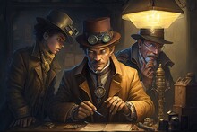 Gadget-wielding Detectives Solving Crimes Steampunk Style Painting. Digital Art Painting, Fantasy Art, Wallpaper