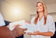 © Courtney/peopleimages.com - Customer, medicine or receiving courier box in house or home from medical supply chain, logistics or healthcare ecommerce. Smile, happy or woman and deliveryman parcel, retail pills or wellness cargo