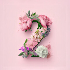 Spring concept of creative number 2, two, flat lay. The date for the celebration, fresh Spring flowers on pastel pink background. Illustration. Generative AI.