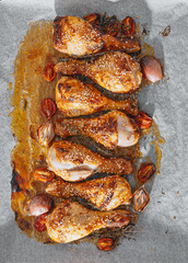 Wall Mural - Baked chicken legs. Baked chicken drumstick on paper
