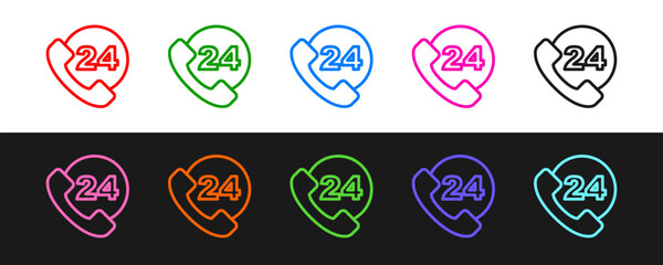 Poster - Set line Telephone 24 hours support icon isolated on black and white background. All-day customer support call-center. Full time call services. Vector