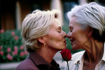 Couple of beautiful senior women kissing on Valentine's day, two mature lgbt girlfriends or married lesbians, rose symbol of passion, elegant short gray hair, smiling tenderly, made with AI Generative