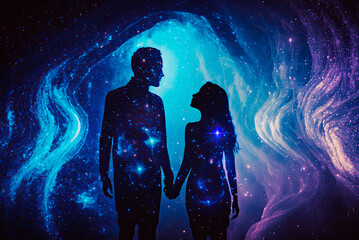 spiritual representation of the silhouette of a couple of man and woman on a cosmic background.. gen