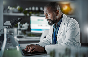 Poster - Scientist man, laptop and doing research in a laboratory with information technology and data analytics. Black person or doctor typing online at night for medical science development on internet