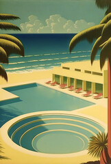 Sticker - Vintage styled tropical summer beach resort hotel poster design. Generative ai