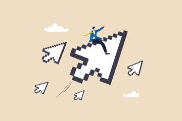 Online advertising or digital marketing, SEO click through rate, social media marketing or search engine optimization concept, businessman riding digital pixel mouse pointer to click on button.