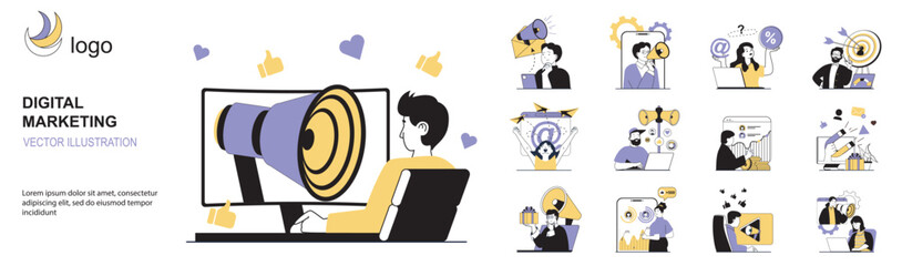 Aufkleber - Digital marketing concept with character situations collection. Bundle of scenes people create promote strategy, make online advertising, network management. Vector illustrations in flat web design