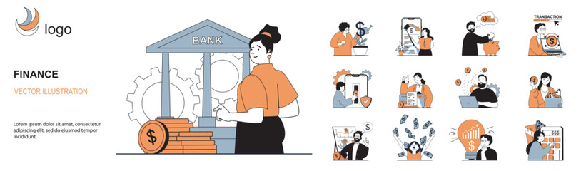 Poster - Finance concept with character situations collection. Bundle of scenes people using bank services, online banking, savings money, accounting, balance control. Vector illustrations in flat web design