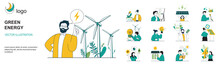 Green Energy Concept With Character Situations Collection. Bundle Of Scenes People Use Alternative Energy Sources, Conserve Water And Electricity, Recycling. Vector Illustrations In Flat Web Design