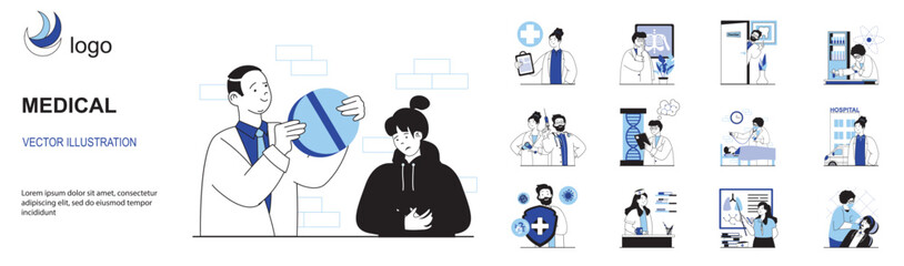 Poster - Medical concept with character situations collection. Bundle of scenes people receive medication treatment, visit doctor, vaccination, diagnostics in clinic. Vector illustrations in flat web design