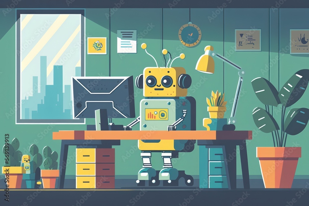 cute cartoon robot working in front of computer at the office mode ...