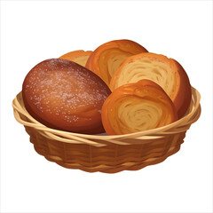 Bakery Breads in Wicker Basket Isolated Detailed Hand Drawn Painting Illustration