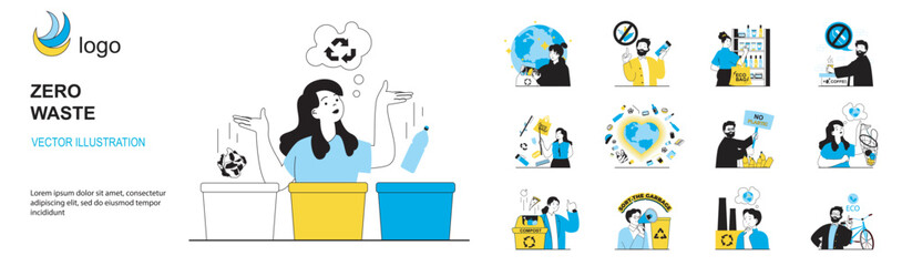 Leinwandbilder - Zero waste concept with character situations collection. Bundle of scenes people lead eco friendly lifestyle, take care of environment, do not use plastic. Vector illustrations in flat web design