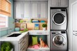 Modern laundry room, with modern colors, wood, two washing machines, modern decor, realistic photo, uhd, hyper detailed. Generative AI.