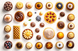 Assortiment de desserts, gâteaux et pâtisseries vues de dessus, sur fond blanc - Générative iA