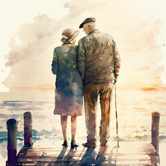 Rear view of a senior man and woman couple walking arms around each other on a deserted sea shore. Illustration. Watercolor. Age, love, family love concept. Generative AI