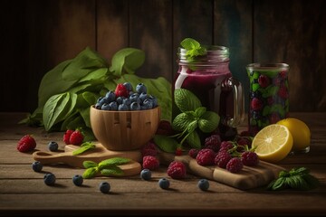 Sticker - On a wooden background, fresh juice and smoothies with berries, fruits, and green spinach. Generative AI