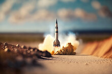 Generative AI, Rocket Launch From The Ground, Mountains. Illustration Concept Of Business Product On A Market, Startup, Photorealistic Tilt Shift Horizontal Banner.