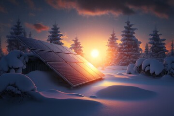 Sticker - Photovoltaic solar panels with a sunrise in the backdrop. Winter has just begun, solar panels. alternative eco energy sources. Generative AI