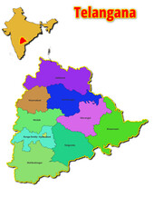  Map of Telangana State with names of regions. Vector illustration of geographical map of Telangana State  depicted on the map of India. 