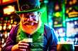 saint patrick day, a leprechaun with a red beard in a green hat drinks beer in an Irish pub
