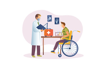 Wall Mural - Concept Ambulance with people scene in the flat cartoon style. Doctor examines a patient in a wheelchair in a hospital. Vector illustration.