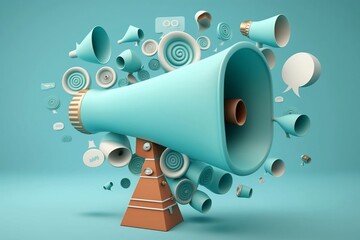 3D Megaphone with different. Cartoon creative design icon concept isolated on blue background. 3D Rendering created with Generative AI technology