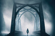 mysterious woman on foggy bridge. Mystery film noir. generative ai