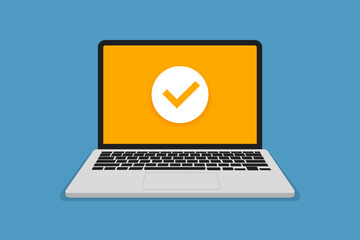 Poster - Laptop with success operation in a flat design. Check icon in laptop screen