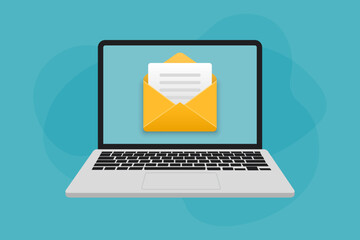Poster - Laptop with electronic mail in a flat design. Open envelope in laptop screen