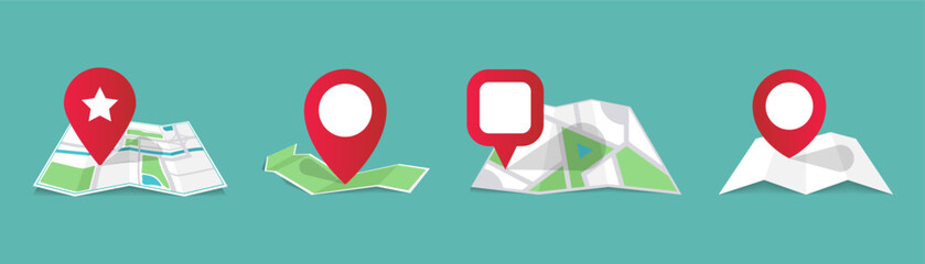 Poster - Set of different maps with red map pointers in a flat design