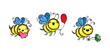 Kawaii Flying Bee with various things. Cartoon isolated on white background. Cute doodle illustration