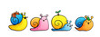 Kawaii snail character with shell and cartoon snailfish or snail-like mollusk. Kids illustration, set of lovely snail-paced slugs with random emoji, isolated on white background