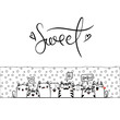 Sweet. Kawaii illustration hand drawn banner. Cute cats with greetings and lettering on white color. Doodle coloring in cartoon style