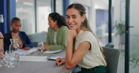 Poster - Business woman, portrait and smile in meeting with team, management and company. Happy young female worker at office table for planning, collaboration and motivation of vision, goals or startup trust