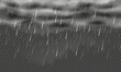 Raining day background. Wet weather, rainy sky with clouds and falling raindrops. Isolated rainfall overlay realistic vector illustration