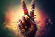 isolated hand making the peace sign, decorated with beautiful and colorful flowers, 60s, 70s, generative ai