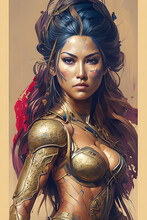 Oil Painting Portrait Of An Ancient Female Warrior With Toned Body. Created With Generative AI
