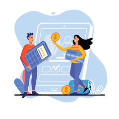 Aufkleber - Online banking blue concept with people scene in the flat cartoon style. Girl pay for all goods and services using online banking. Vector illustration.