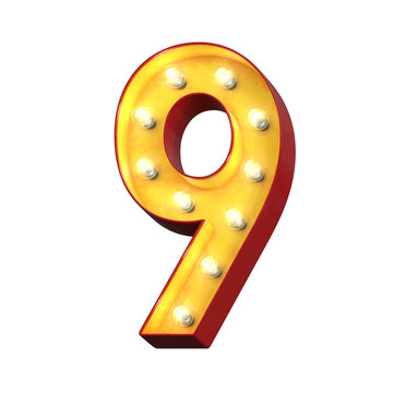 Light bulb glowing font, 3d alphabet character, 3d rendering, number 9