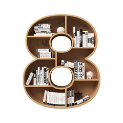 Wall Mural - Bookshelves 3d font. Alphabet in the form of book shelves. Mockup font, 3d rendering. Number 8