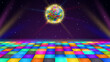 © WinWin - Disco dance floor. Retro party scene with LED squares grid glowing floor, disco ball and starry night sky vector background illustration