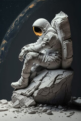 man in astronaut suit sitting on the cracked stone with outer space and galaxy background. photoreal