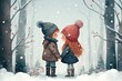 illustration of a romance couple scene, winter snowfall in forest, romantic atmosphere with cute lover looking at each other, Generative Ai