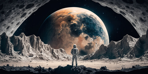 Astronaut standing on deserted land look at another planet. Space travel and exploration concept. Generative AI illustration.